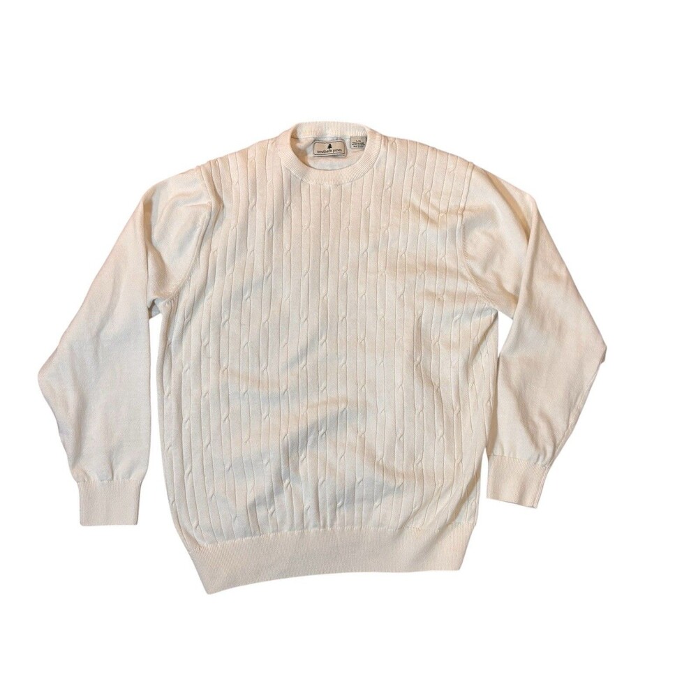 Southern Pines Men’s Large White Cable Knit Cotton Sweater Pullover